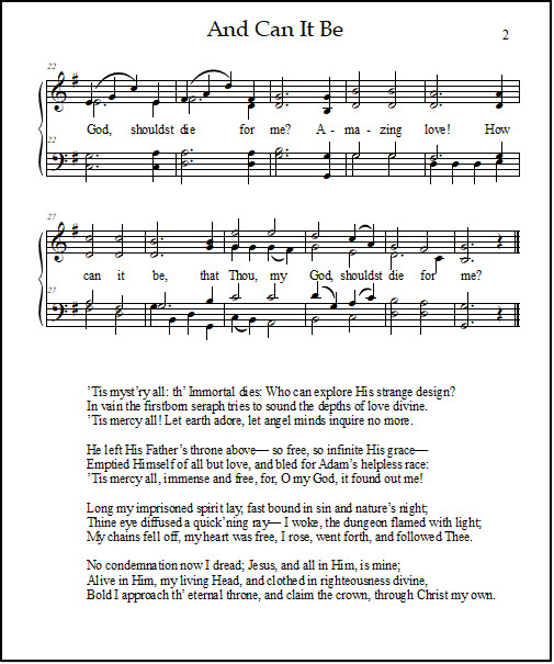 Melody, harmony, and lyrics for the hymn of worship "And Can It Be"