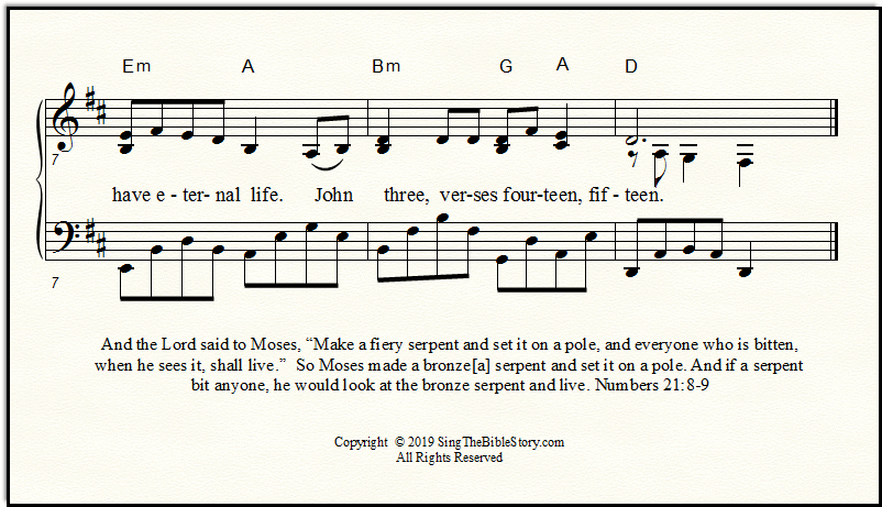 A closeup look at the Bible song "As Moses Lifted Up the Serpent in the Wilderness" for piano, in the key of D