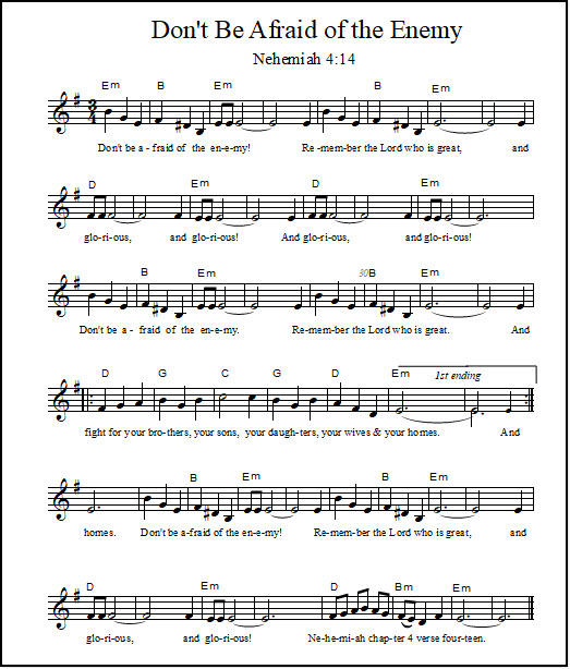 Lead sheet with chord symbols for "Don't Be Afraid of the Enemy"