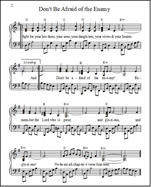 Piano and voice sheet music for Bible verse song "Don't Be Afraid of the Enemy"