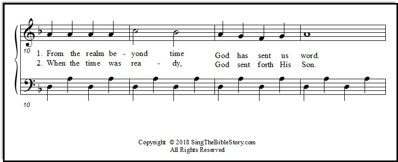 A closeup look at page one of "E.T. Origin," a strange song for Sunday School, about how God sent us a message from beyond time and space.