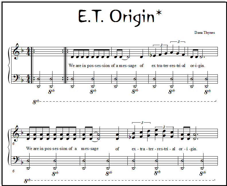 A closeup look at page one of "E.T. Origin," a strange song for Sunday School