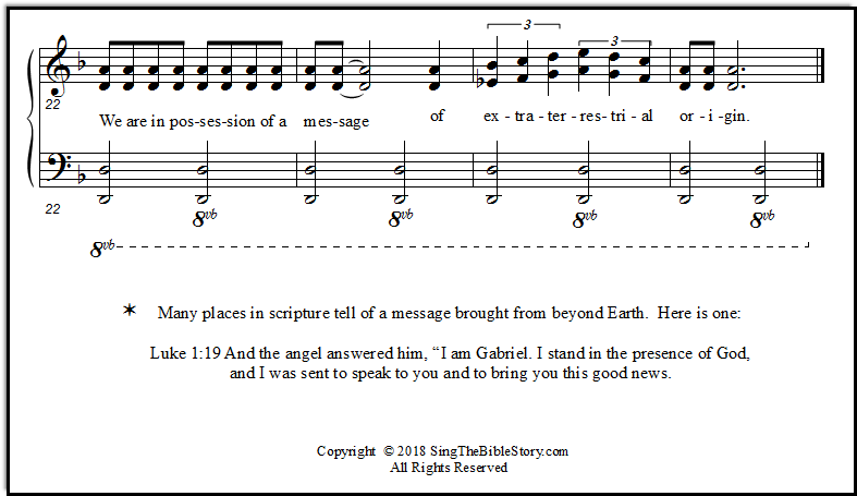 A closeup look at page two of "E.T. Origin," a strange song for Sunday School, about how God sent us a message from beyond time and space.