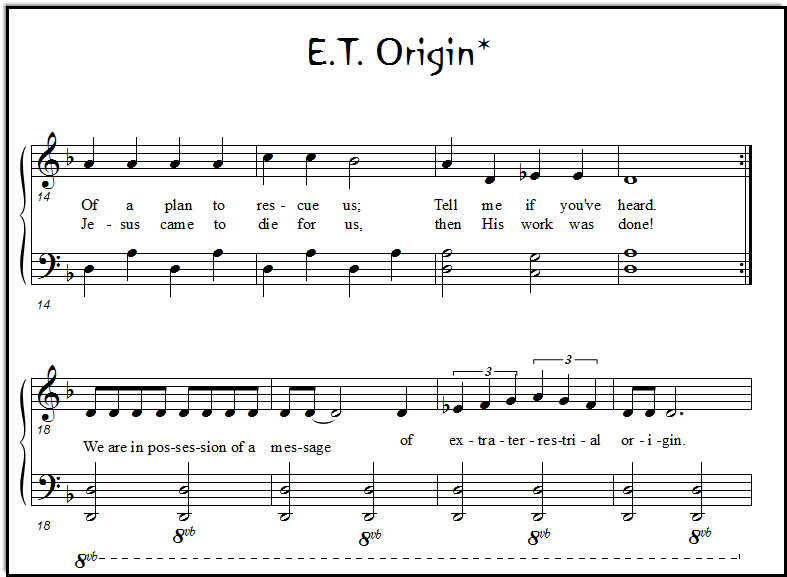 A closeup look at page two of "E.T. Origin," a strange song for Sunday School, about how God sent us a message from beyond time and space.