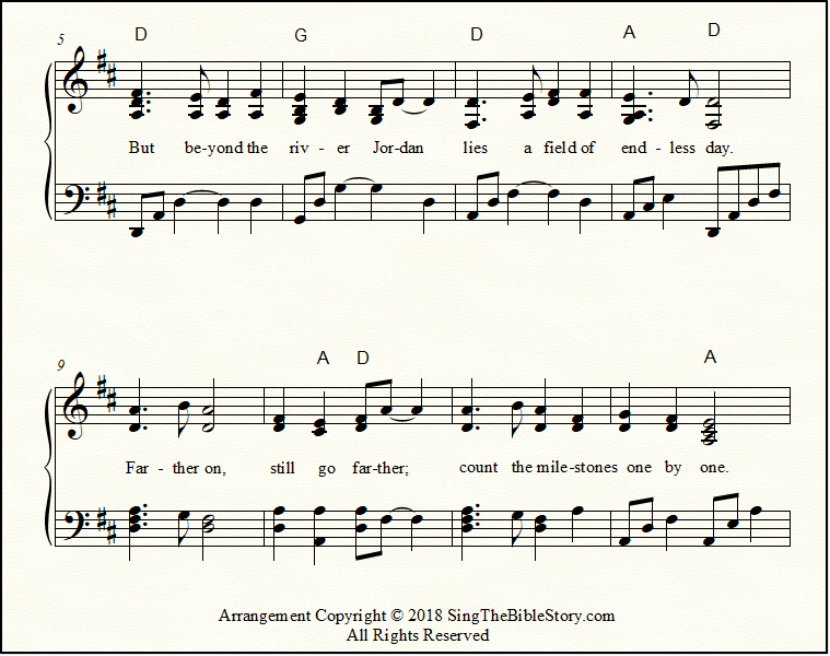 Farther On hymn in the key of D for piano, bottom of page one