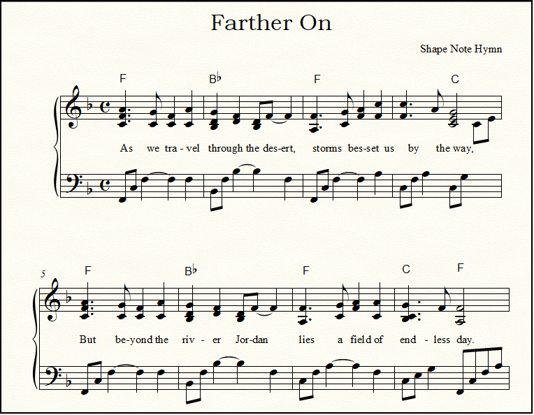 Closeup of page one of the hymn Farther On in the key of F, for piano
