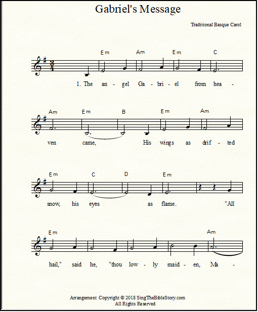 Lead sheets for Gabriel's Message song, "The Angel Gabriel from Heaven came"