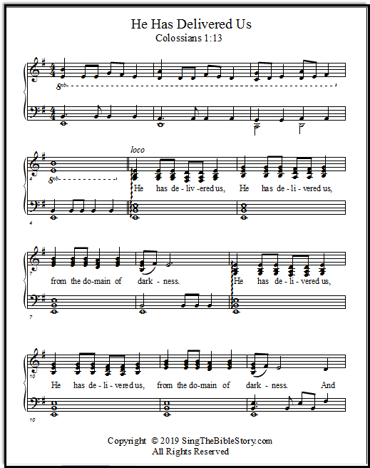 The text of Colossians 1:13 set to music in a minor key: "He has delivered us from the domain of darkness." A piano and vocal arrangement.