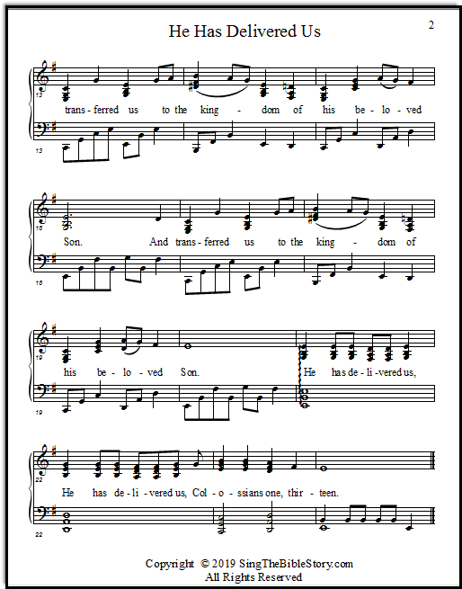 "He Has Delivered Us from the Domain of Darkness," a Bible verse song about Christ saving us.  Piano sheet music.