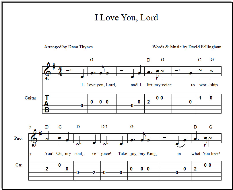 Church song I Love You Lord for guitar