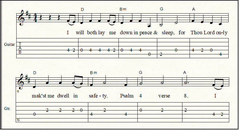 A closeup look at the guitar tabs for the psalm song "I Will Both Lay Me Down and Sleep" from Psalm 4:8