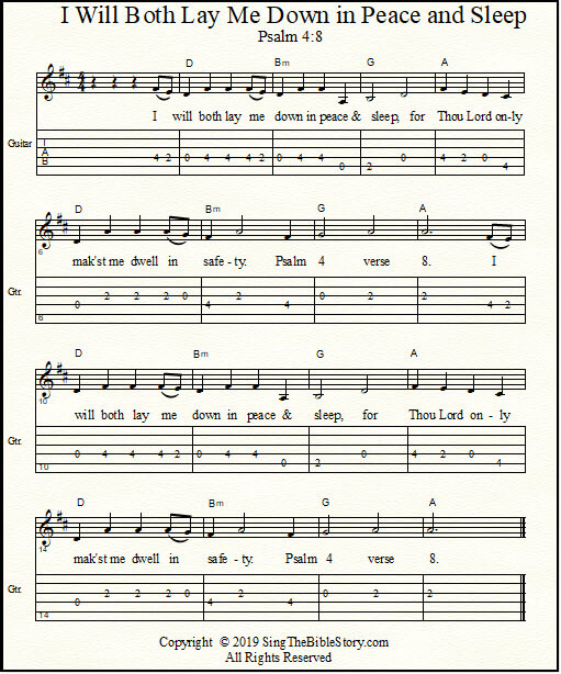 "I Will Both Lay Me Down in Peace and Sleep", from Psalm 4:8.  Guitar tabs and chords.