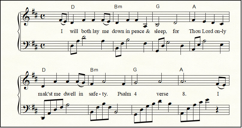 Closeup look at piano arrangement of Psalm 4 verse 8, with broken chords in the left hand.