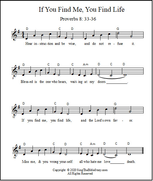 Lead sheet If You Find Me You Find Life, a song from Proverbs 8:33-36