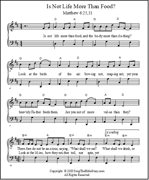 The words of Matthew 6:25 set to song - piano sheet music