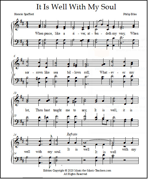Vocal harmony setting for It Is Well With My Soul, church hymnal sheet music