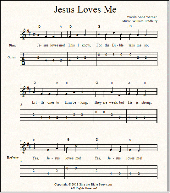 Guitar tabs, chords, lyrics, and treble staff melody of "Jesus Loves Me" for Sunday School or church sheet music