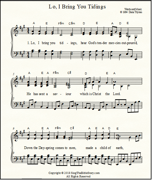 Bible Christmas story "Lo, I Bring You Tidings" tells of the angel who appeared to shepherds in the field.  Piano arrangements.