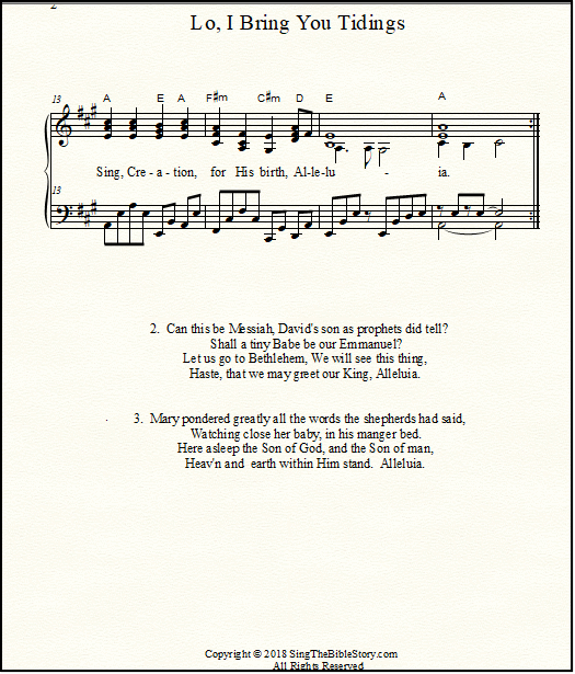 Page two of "Lo, I Bring You Tidings", a song about the angel appearing to shepherds to announce the birth of Jesus.