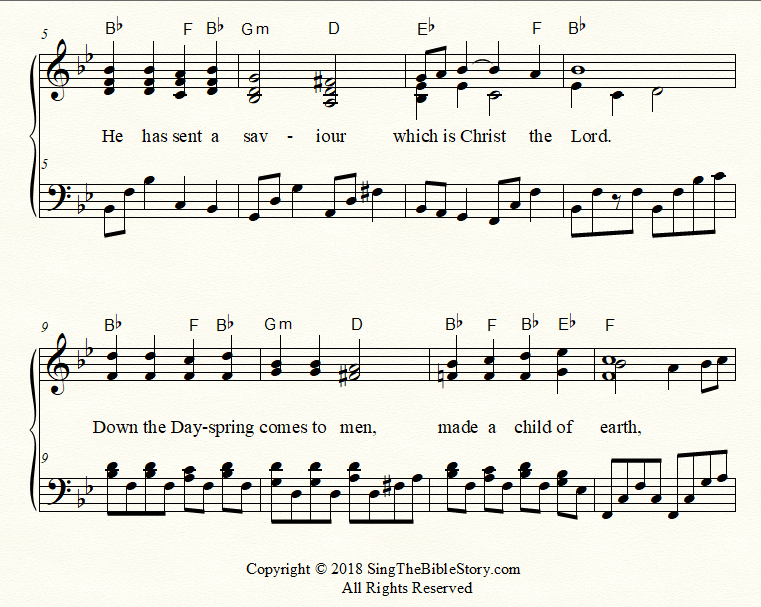 A closeup look at lines two and three of the piano arrangement "Lo I Bring You Tidings"
