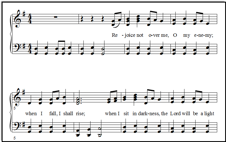 A closeup look at the Bible song Rejoice not over me, in the key of G.  For piano.