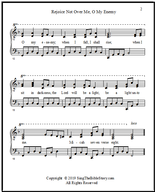 Page two of piano accompaniment for song "Rejoice not over me, o my enemy, when I fall I shall rise!"