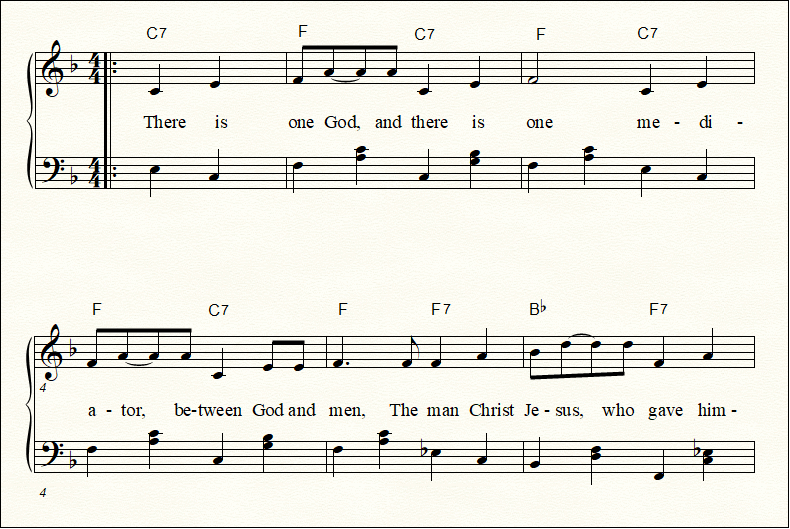 A closeup look at "There is One God" piano music for Sunday School.