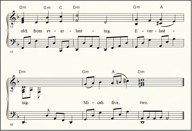 A close-up view of the end of the Christmas memory verse song "Thou, Bethlehem Ephrathah"