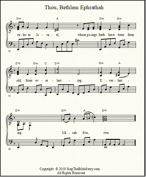Page two of the piano arrangement of Micah 5:2, "Thou, Bethlehem Ephrathah", a Christmas memory verse