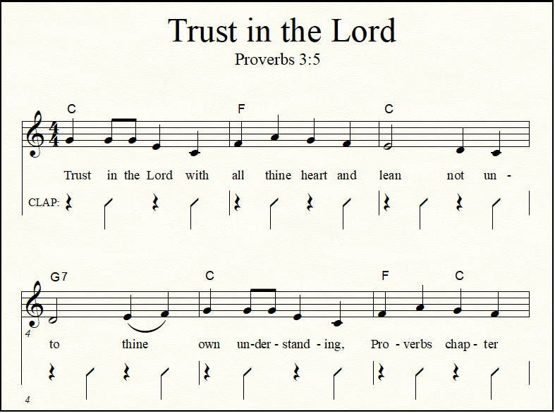 Closeup of the Bible verse song "Trust in the Lord"