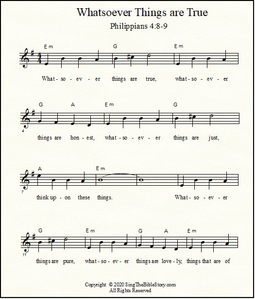 Lead sheet music for the Bible verses from Philippians 4 - sing the Bible verses