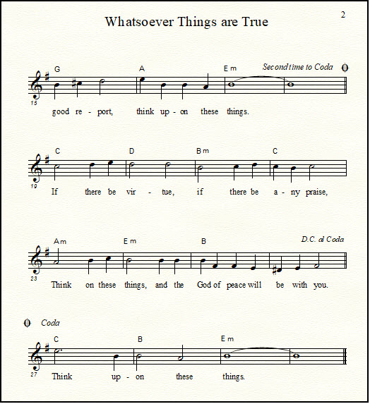 A music lead sheet for the Bible song "Whatsoever Things are True"