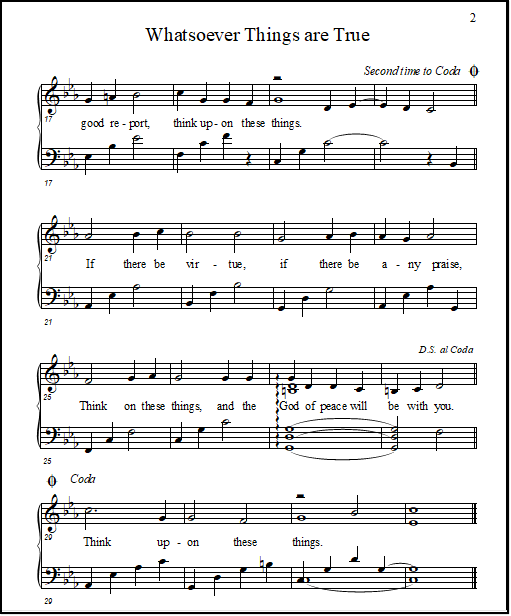 Piano & vocal sheet music for a Bible verse song, "Whatsoever Things are True, Think About These Things"