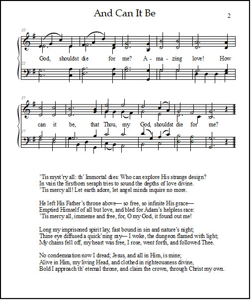 Melody, harmony, and lyrics for the hymn of worship "And Can It Be"