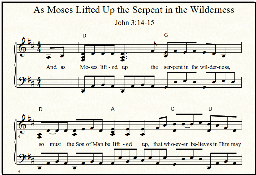 A closeup look at the Bible song "As Moses Lifted Up the Serpent in the Wilderness" for piano, in the key of D