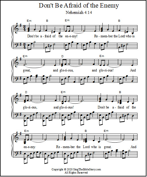 Piano and voice sheet music for Nehemiah 4:14, "Don't Be Afraid of the Enemy"