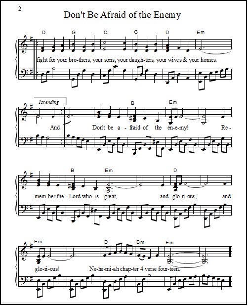 Piano and voice sheet music for Bible verse song "Don't Be Afraid of the Enemy"