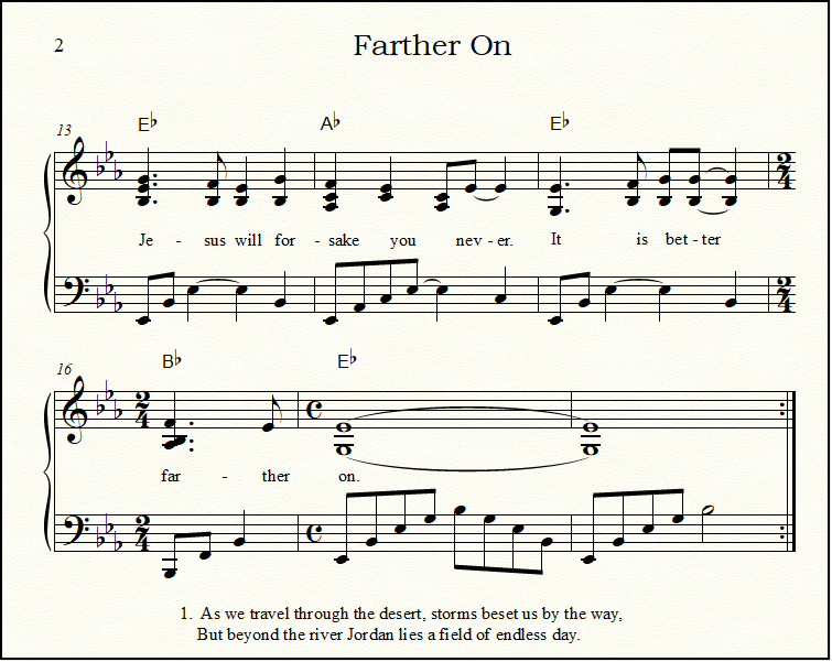 Farther On hymn piano music, page two, in the key of E flat.