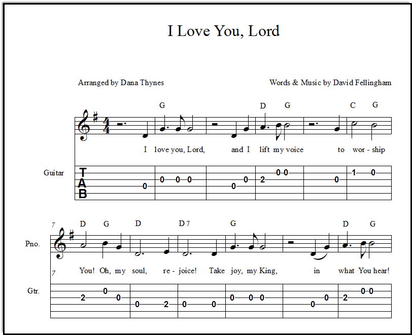 Church song I Love You Lord for guitar