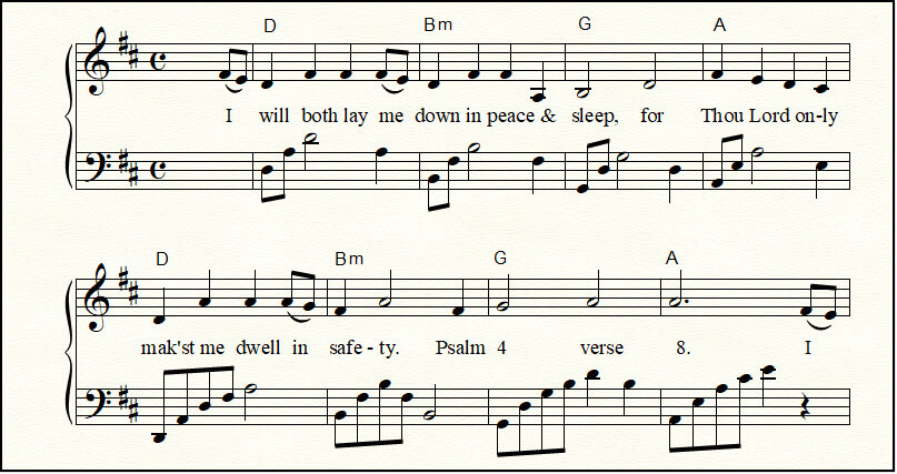 Closeup look at piano arrangement of Psalm 4 verse 8, with broken chords in the left hand.