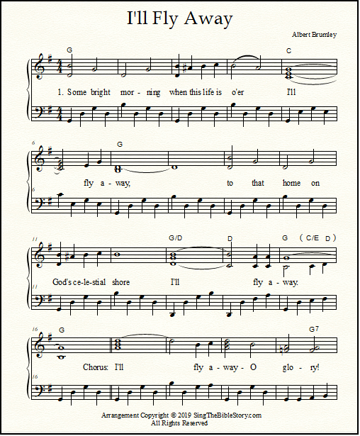 A new piano arrangement of "I'll Fly Away", suitable for a high-energy performance, but pretty too.