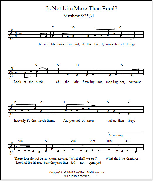 Sheet music for piano or guitar "Is Not Life More Than Food?"