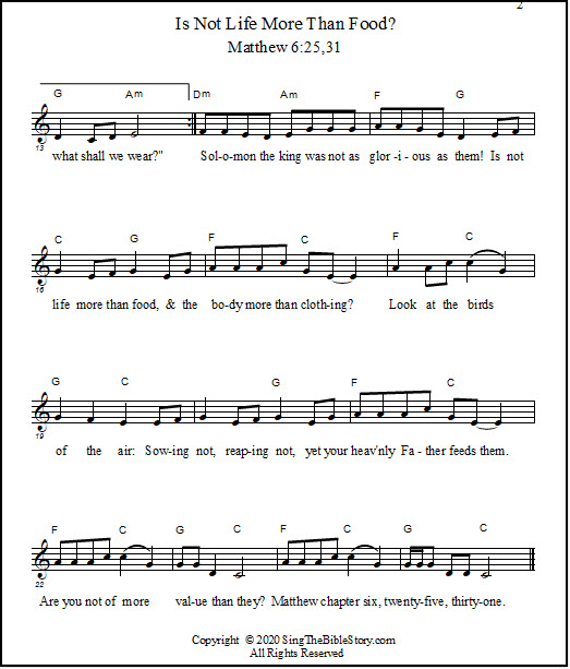 Page 2 of music lead sheet "Is Not Life More Than Food"