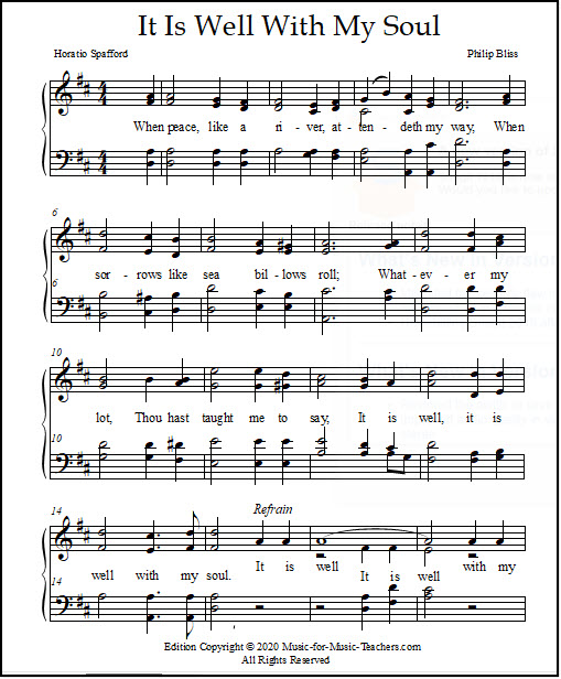 Four-part harmony for It Is Well With My Soul, church hymnal sheet music