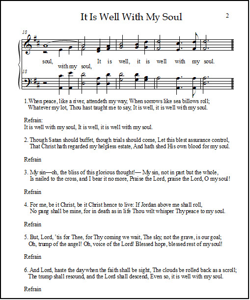 Church hymnal sheet music with lyrics for It Is Well With My Soul