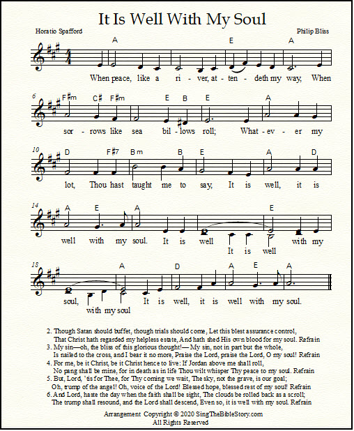 Lead sheet arrangement of "It Is Well With My Soul" with chords and lyrics