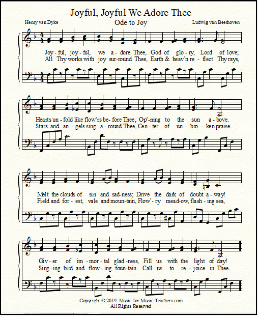 Joyful, Joyful, We Adore Thee, the English hymn lyrics for Beethoven's Ode to Joy.  A lively arrangement for piano.