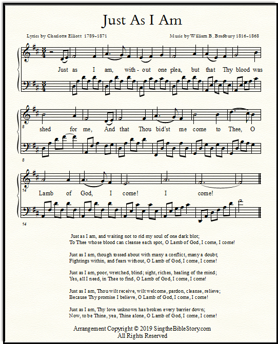 Hymn for church "Just As I Am" in the key of D; a fancy arrangement for intermediate piano.