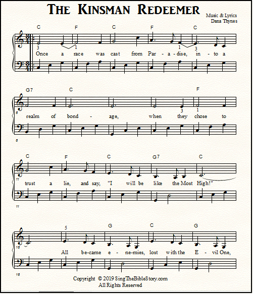 Piano and vocal sheet music for the Bible story song "The Kinsman Redeemer"