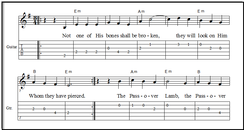 Guitar tablature arrangement of Passover music, Not One of His Bones, closeup view